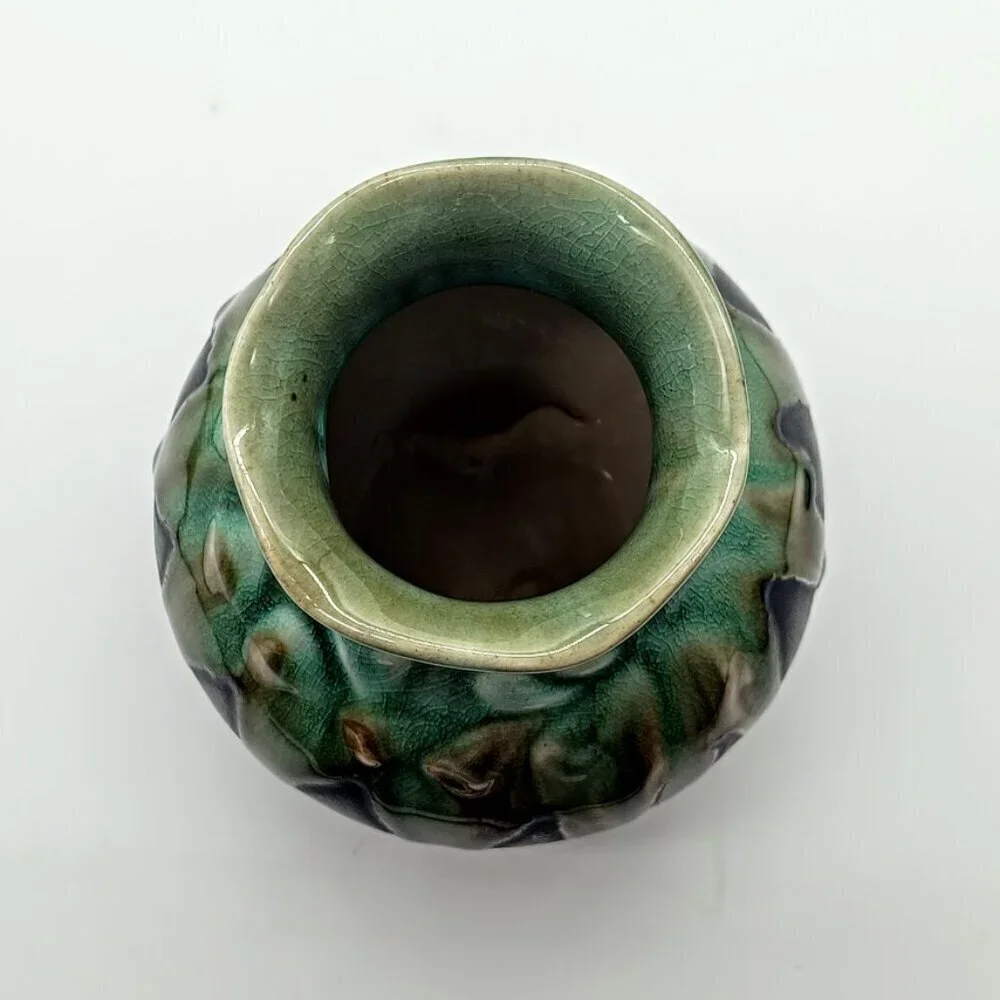 Vietnamese Hand-Crafted Drip Glazed Ruffle Rim Ceramic Vase